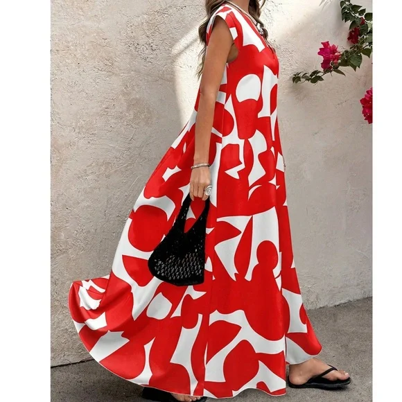 Abstract Geo Print Cap Sleeve V neck Flowy Maxi Dress - Picture 3 of 11
